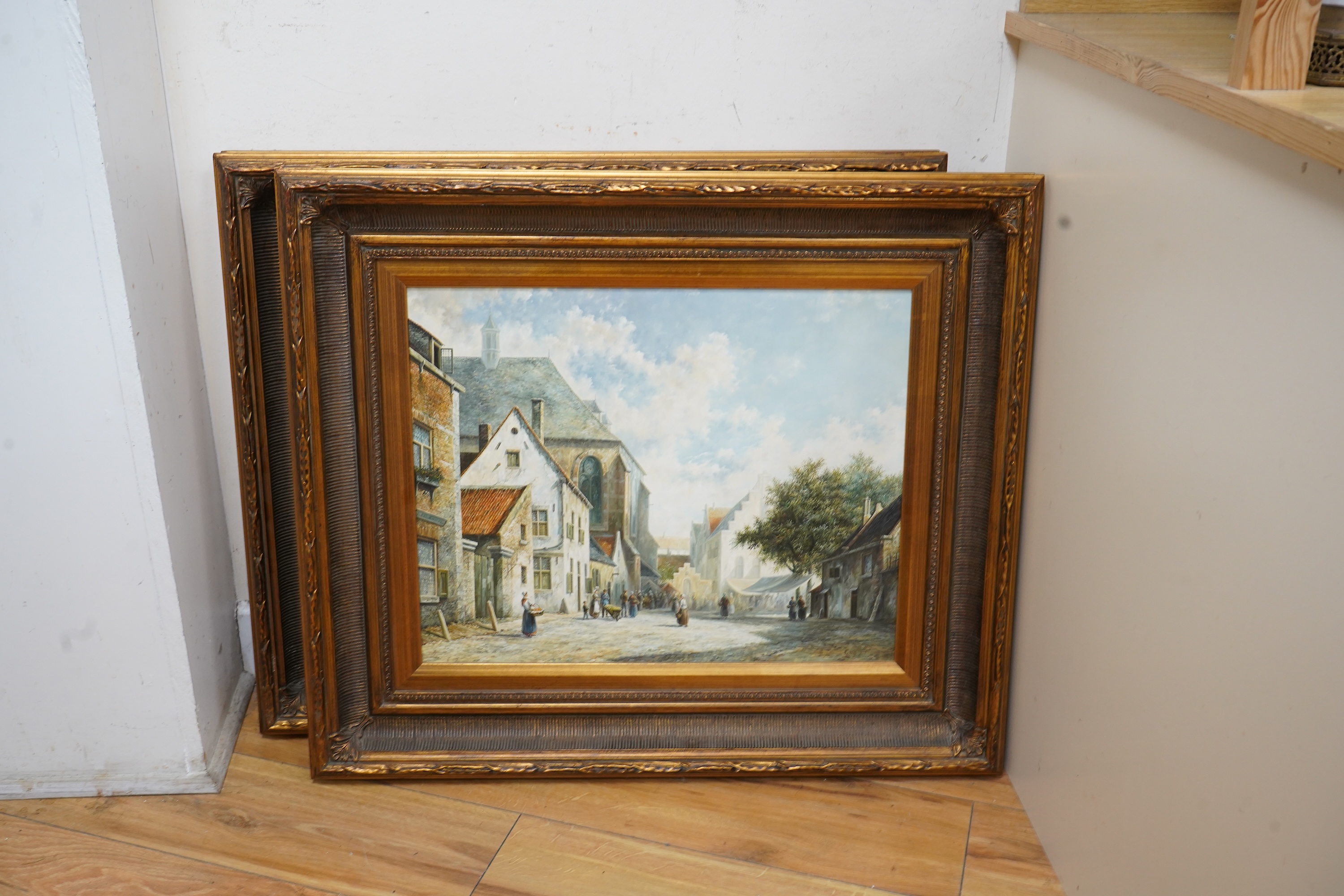 Johnny Gaston (b.1955), Continental street scenes, each signed, pair of oils on board, gilt frame, 39 x 49cm